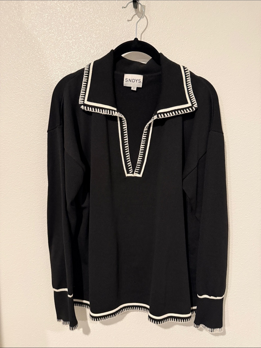 SNDYS Black V-Neck Polo Sweater with White Trim